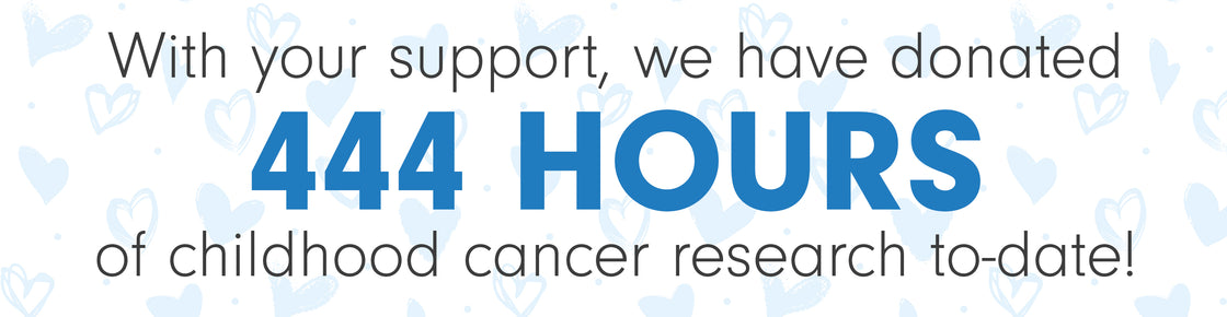 A banner with large blue numbers stating '444 HOURS' and text that reads 'With your support, we have donated hours of childhood cancer research to-date!' surrounded by heart patterns.