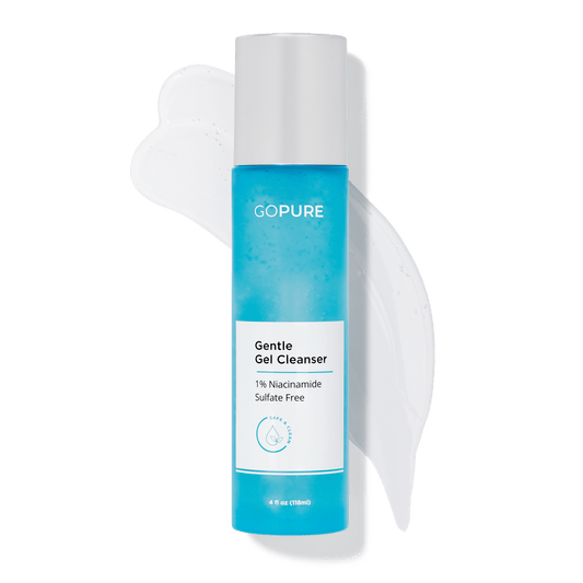 GoPure Gentle Gel Cleanser in a blue bottle with product spilled in a heart shape, highlighting its 1% Niacinamide and sulfate-free formula, 4 fl oz