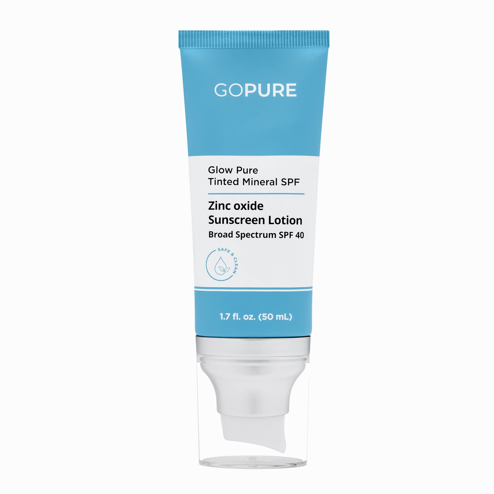  A 1.7 fl. oz. tube of GoPure's Glow Pure Tinted Mineral SPF, containing Zinc Oxide Sunscreen Lotion with Broad Spectrum SPF 40, labeled as safe and clean.