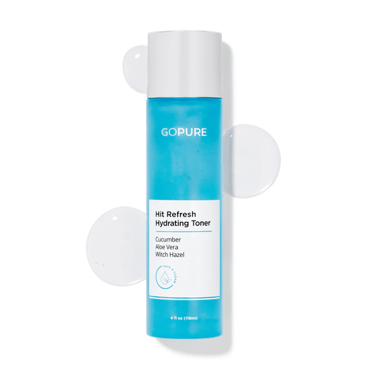 GoPure's Hit Refresh Hydrating Toner in a clear blue bottle showing ingredients like Cucumber, Aloe Vera, and Witch Hazel, 4 fl oz.