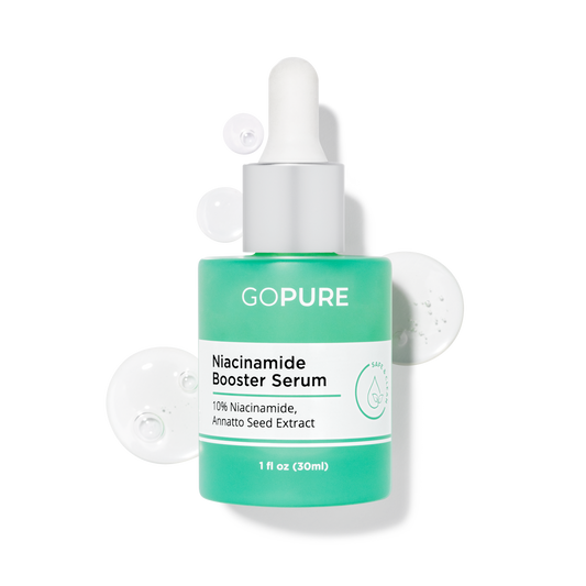 A 1 fl oz green bottle of GoPure's Niacinamide Booster Serum with ingredients like Niacinamide and Annatto Seed Extract.