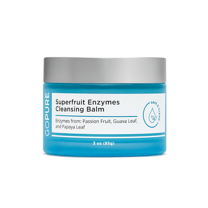 GoPure blue container with grey lid, showcasing Superfruit Enzymes Cleansing Balm with key ingredients listed as enzymes from passion fruit, guava leaf, and papaya leaf, packaged in a 3 oz size.