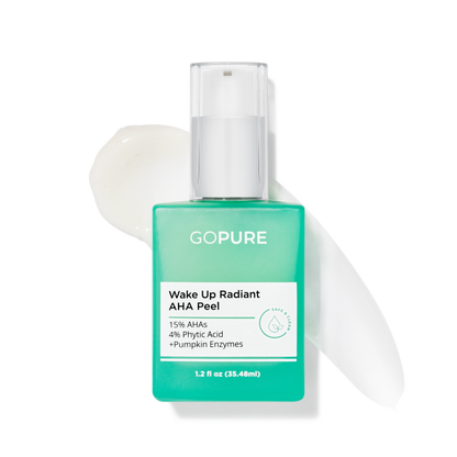Image of goPure's Wake Up Radiant AHA Peel in a 1.2 fl oz green bottle 