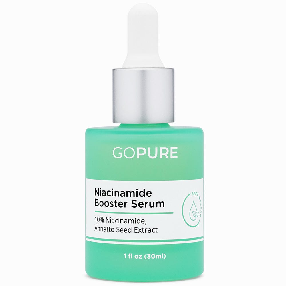  A 1 fl oz green bottle of GoPure's Niacinamide Booster Serum with ingredients like Niacinamide and Annatto Seed Extract.