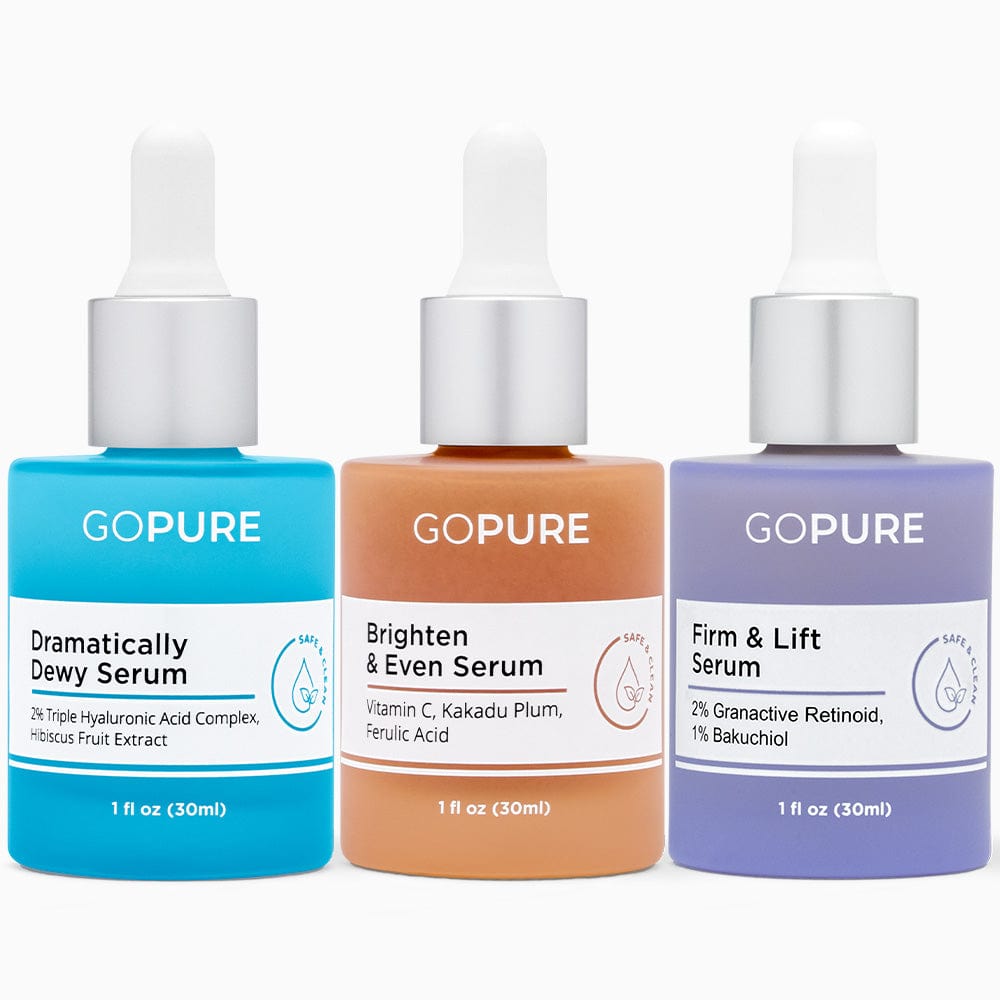 3 serums in 1 fl oz bottles each. A blue bottle for the Dramatically Dewy Serum that contains Triple Hyaluronic Acid Complex and Hibiscus Fruit Extract; a peach-color bottle for the Brighten & Even Serum with Vitamin C, Kakadu Plum, and Ferulic Acid; and a purple bottle for the Firm & Lift Serum with Granactive Retinoid and Bakuchiol.