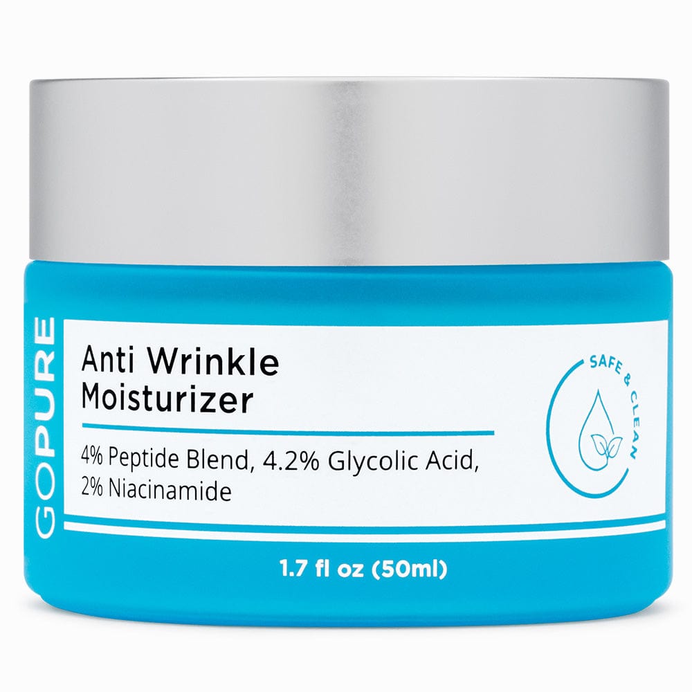 Jar of GoPure's Anti Wrinkle Moisturizer, 1.7 fl oz, with a blue label and white cap, accompanied by a creamy product swatch. Ingredients include Glycolic Acid, Peptide Blend  and Niacinamide.