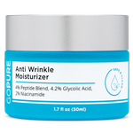 Jar of GoPure's Anti Wrinkle Moisturizer, 1.7 fl oz, with a blue label and white cap, accompanied by a creamy product swatch. Ingredients include Glycolic Acid, Peptide Blend  and Niacinamide.