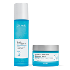 GoPure Gentle Gel Cleanser and Superfruit Enzymes Cleansing Balm. The Gentle Gel Cleanser bottle is tall and blue, labeled "1% Niacinamide Sulfate Free." The Superfruit Enzymes Cleansing Balm is in a blue jar, labeled with ingredients from passion fruit, guava leaf, and papaya leaf.