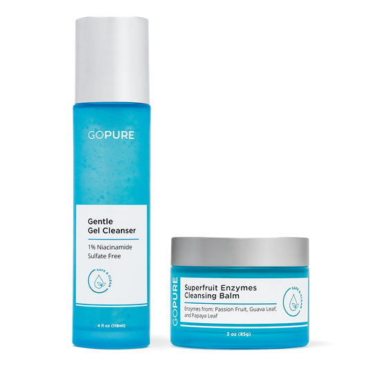 GoPure Gentle Gel Cleanser and Superfruit Enzymes Cleansing Balm. The Gentle Gel Cleanser bottle is tall and blue, labeled "1% Niacinamide Sulfate Free." The Superfruit Enzymes Cleansing Balm is in a blue jar, labeled with ingredients from passion fruit, guava leaf, and papaya leaf.