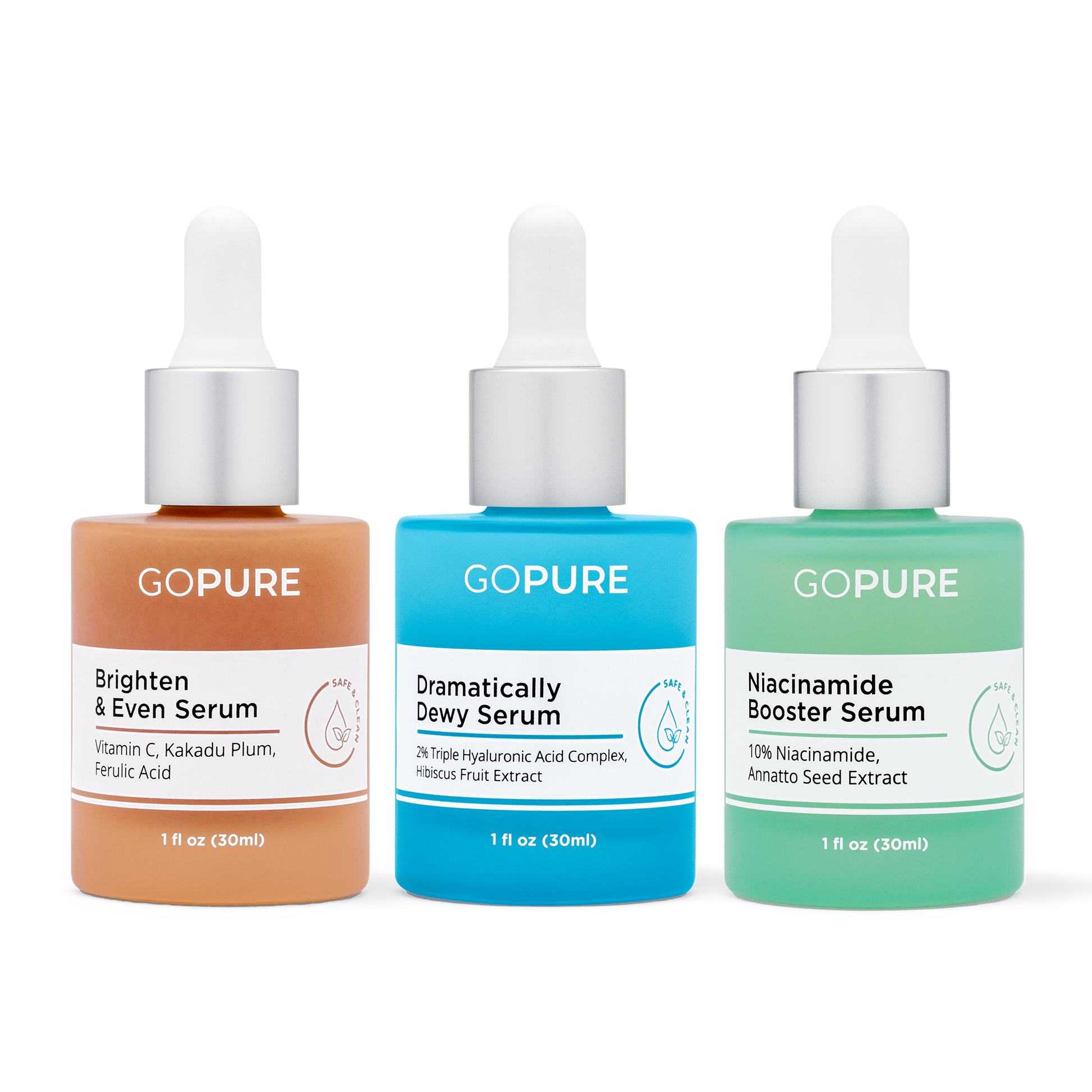 Image of three GoPure serum bottles: a peach-colored 'Brighten & Even Serum' with ingredients like Vitamin C and Ferulic Acid, a blue 'Dramatically Dewy Serum' with ingredients like Hyaluronic Acid, and a green 'Niacinamide Booster Serum' with ingredients like Niacinamide and Annatto Seed Extract.