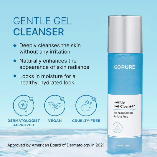 Blue bottle of GoPure's Gentle Gel Cleanser labeled as sulfate-free containing 1% Niacinamide. 4 fl oz