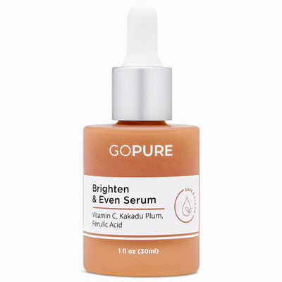 1 fl oz. Peach-colored bottle of GoPure Brighten & Even Serum with white dropper. Ingredients contain Vitamin C, Kakadu Plum and Ferulic Acid