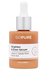  1 fl oz. Peach-colored bottle of GoPure Brighten & Even Serum with white dropper. Ingredients include Vitamin C, Kakadu Plum and Ferulic Acid