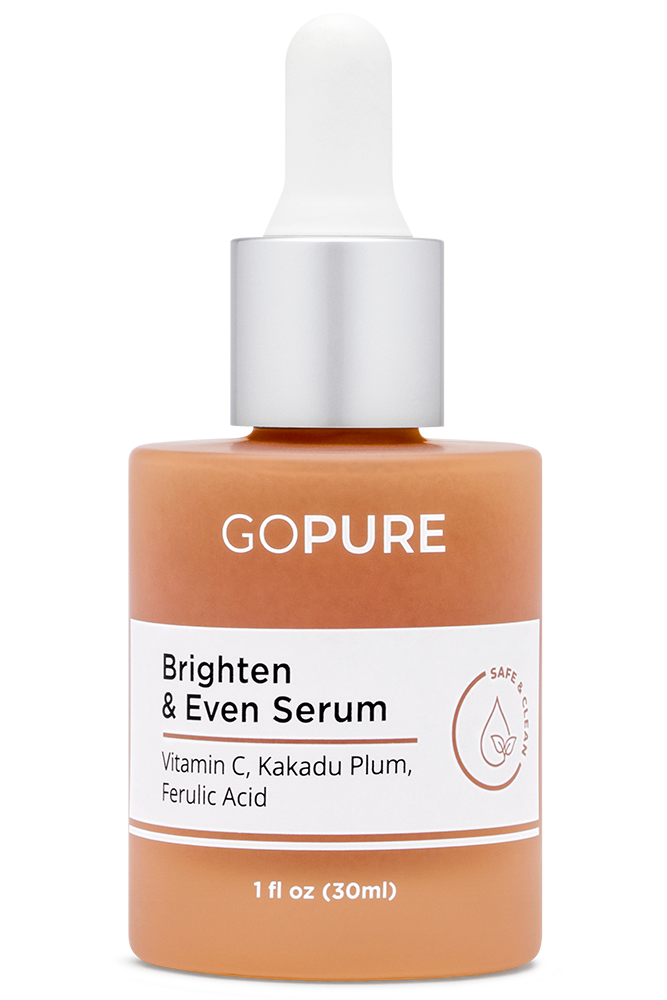  1 fl oz. Peach-colored bottle of GoPure Brighten & Even Serum with white dropper. Ingredients include Vitamin C, Kakadu Plum and Ferulic Acid