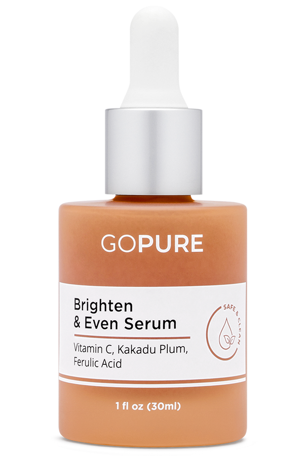  1 fl oz. Peach-colored bottle of GoPure Brighten & Even Serum with white dropper. Ingredients include Vitamin C, Kakadu Plum and Ferulic Acid