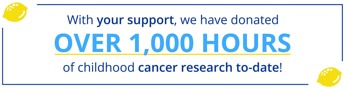 Banner stating "With your support, we have donated over 1,000 hours of childhood cancer research to-date!" with yellow lemon icons in the corners.