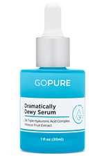 Gopure's Dramatically Dewy Serum in a blue bottle of 1fl oz. Made with ingredients like Triple Hyaluronic Acid Complex and Hibiscus Fruit Extract