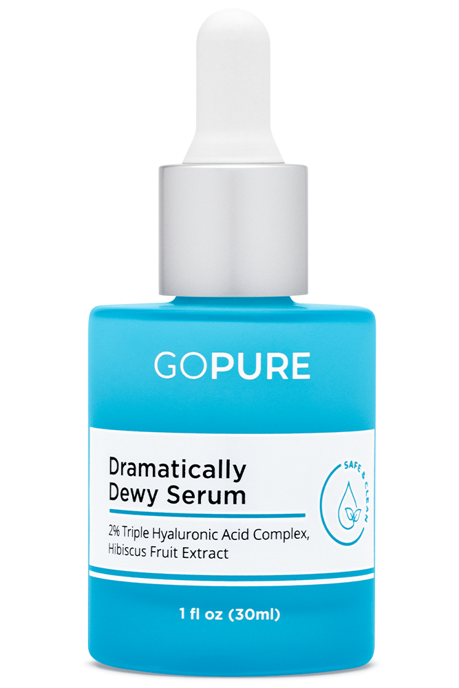 Gopure's Dramatically Dewy Serum in a blue bottle of 1fl oz. Made with ingredients like Triple Hyaluronic Acid Complex and Hibiscus Fruit Extract