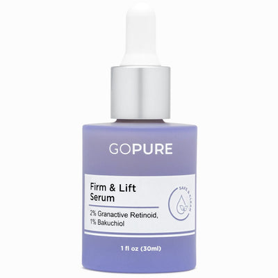  Purple bottle of GoPure's Firm & Lift Serum with 2% Granactive Retinoid and 1% Bakuchiol, 1 fl oz.