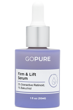  Purple bottle of GoPure's Firm & Lift Serum, made with 2% Granactive Retinoid and 1% Bakuchiol, 1 fl oz.