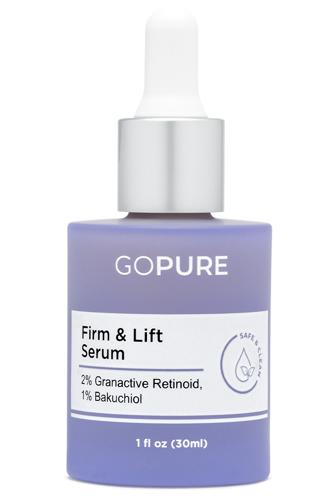  Purple bottle of GoPure's Firm & Lift Serum, made with 2% Granactive Retinoid and 1% Bakuchiol, 1 fl oz.