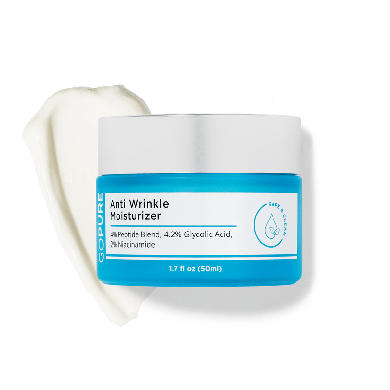 Jar of GoPure's Anti Wrinkle Moisturizer, 1.7 fl oz, with a blue label and white cap, accompanied by a creamy product swatch. Ingredients include Glycolic Acid, Peptide Blend  and Niacinamide.