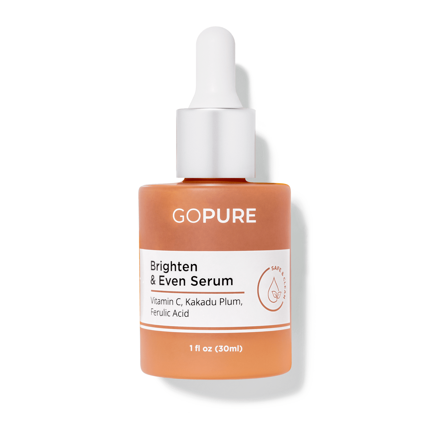 GoPure Brighten & Even Serum in a peach-colored bottle with a white dropper, containing Vitamin C, Kakadu Plum, and Ferulic Acid, 1 fl oz.