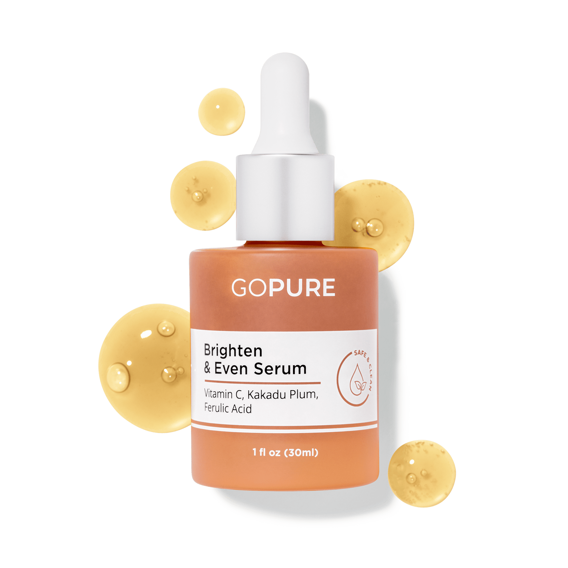 1 fl oz. Peach-colored bottle of GoPure Brighten & Even Serum with white dropper, surrounded by golden yellow serum droplets. Ingredients contain Vitamin C, Kakadu Plum and Ferulic Acid