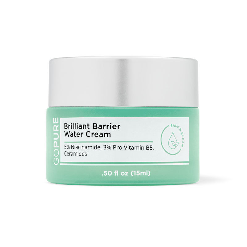 Jar of GoPure Brilliant Barrier Water Cream with a silver lid, containing 5% Niacinamide, 3% Pro Vitamin B5, and Ceramides, 0.5 fl oz (15 ml).