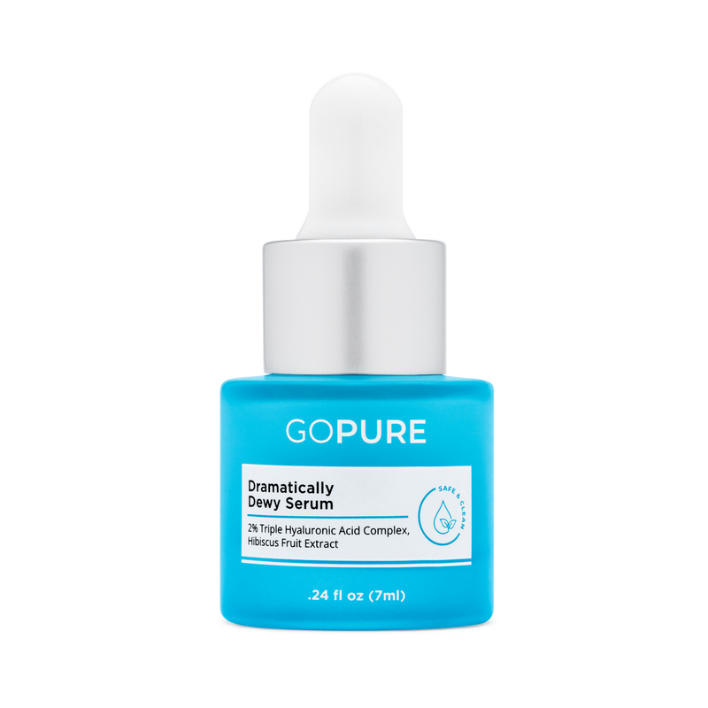 Blue bottle of GoPure Dramatically Dewy Serum with dropper cap, containing 2% Triple Hyaluronic Acid Complex and Hibiscus Fruit Extract, 0.24 fl oz (7 ml).