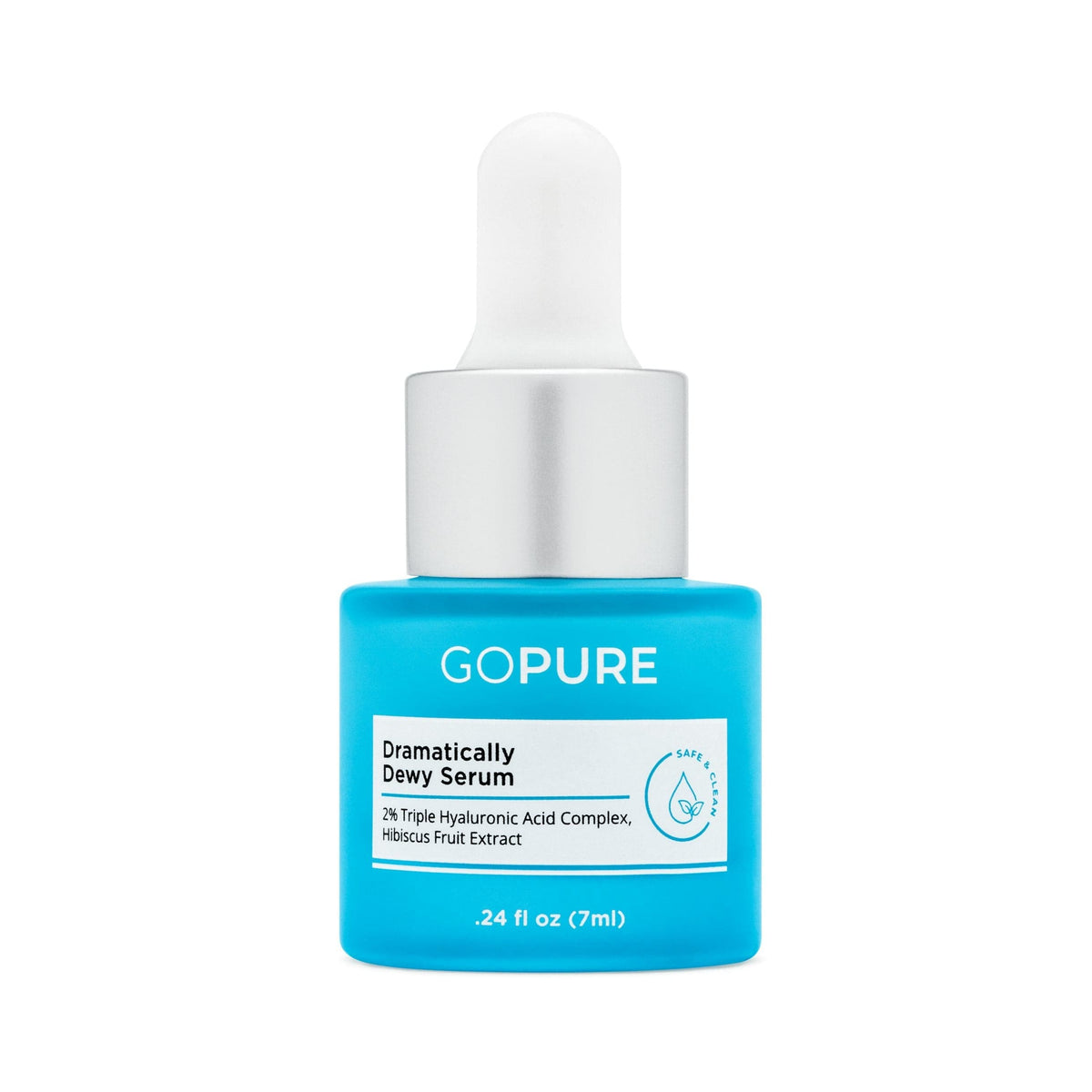 Blue bottle of GoPure Dramatically Dewy Serum with dropper cap, containing 2% Triple Hyaluronic Acid Complex and Hibiscus Fruit Extract, 0.24 fl oz (7 ml).