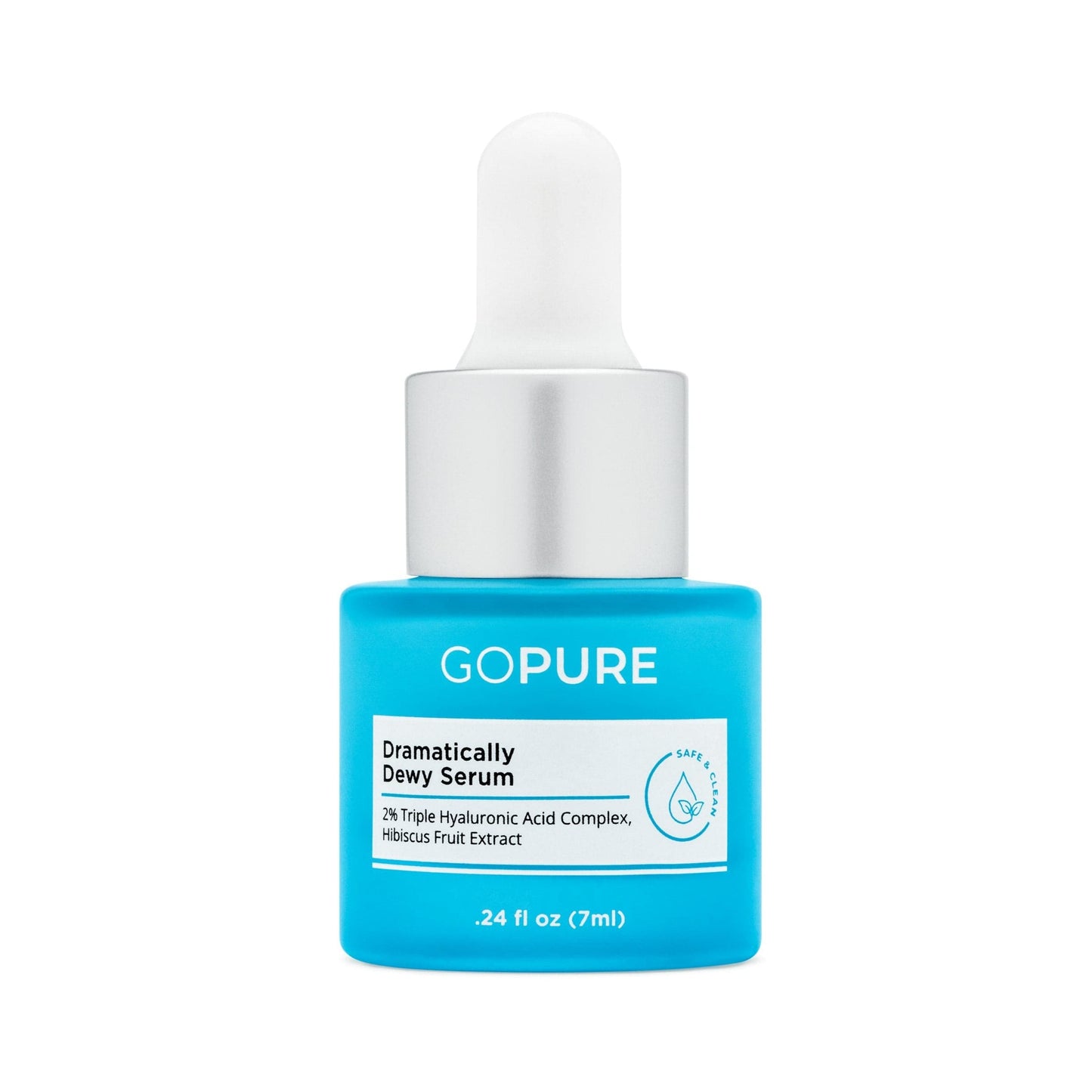 Blue bottle of GoPure Dramatically Dewy Serum with dropper cap, containing 2% Triple Hyaluronic Acid Complex and Hibiscus Fruit Extract, 0.24 fl oz (7 ml).
