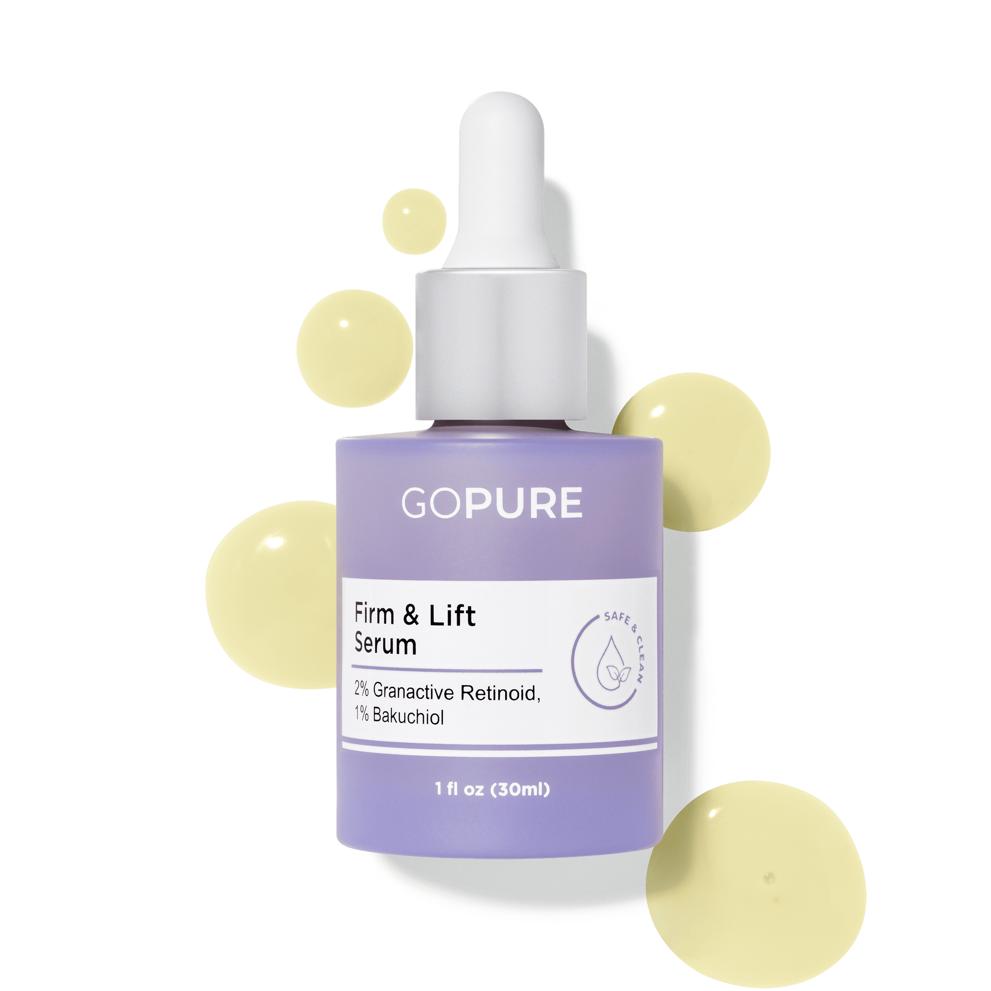 Purple bottle of GoPure's Firm & Lift Serum with visible serum droplets, containing 2% Granactive Retinoid and 1% Bakuchiol. 1 fl oz.
