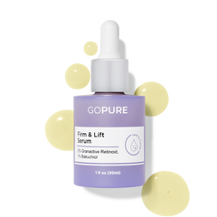 Purple bottle of GoPure Firm & Lift Serum with visible serum droplets, containing 2% Granactive Retinoid and 1% Bakuchiol. 1 fl oz
