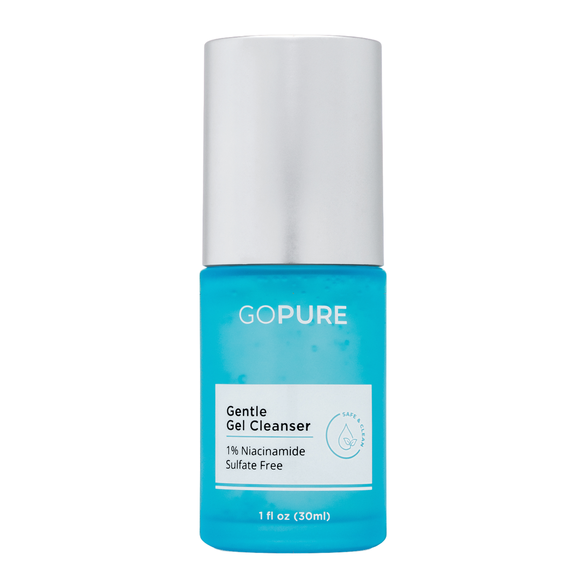 Blue bottle of GoPure Gentle Gel Cleanser with a silver cap, containing 1% Niacinamide, Sulfate Free, 1 fl oz (30 ml).