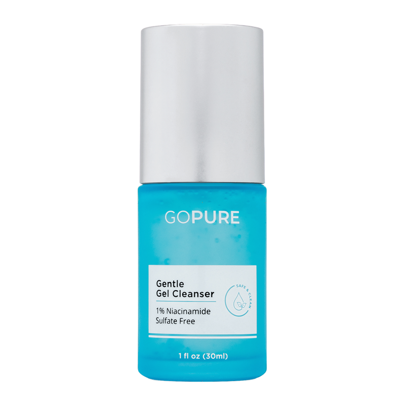 Blue bottle of GoPure Gentle Gel Cleanser with a silver cap, containing 1% Niacinamide, Sulfate Free, 1 fl oz (30 ml).