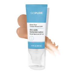 Tube of GoPure's Glow Pure Tinted Mineral SPF Sunscreen Lotion with a swatch showing the tinted formula. Zinc oxide based, Broad Spectrum SPF 40, in a 1.7 fl oz size.
