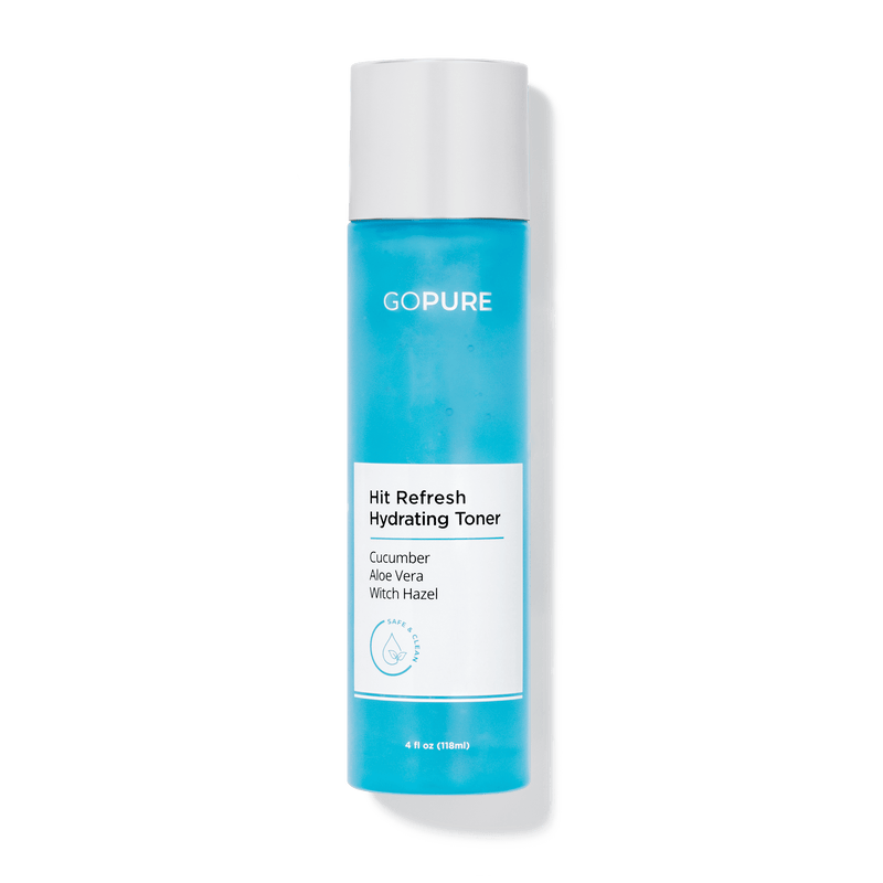 GoPure's hydrating toner in a blue bottle. Contains ingredients like cucumber, aloe vera, and witch hazel. 4 fl oz