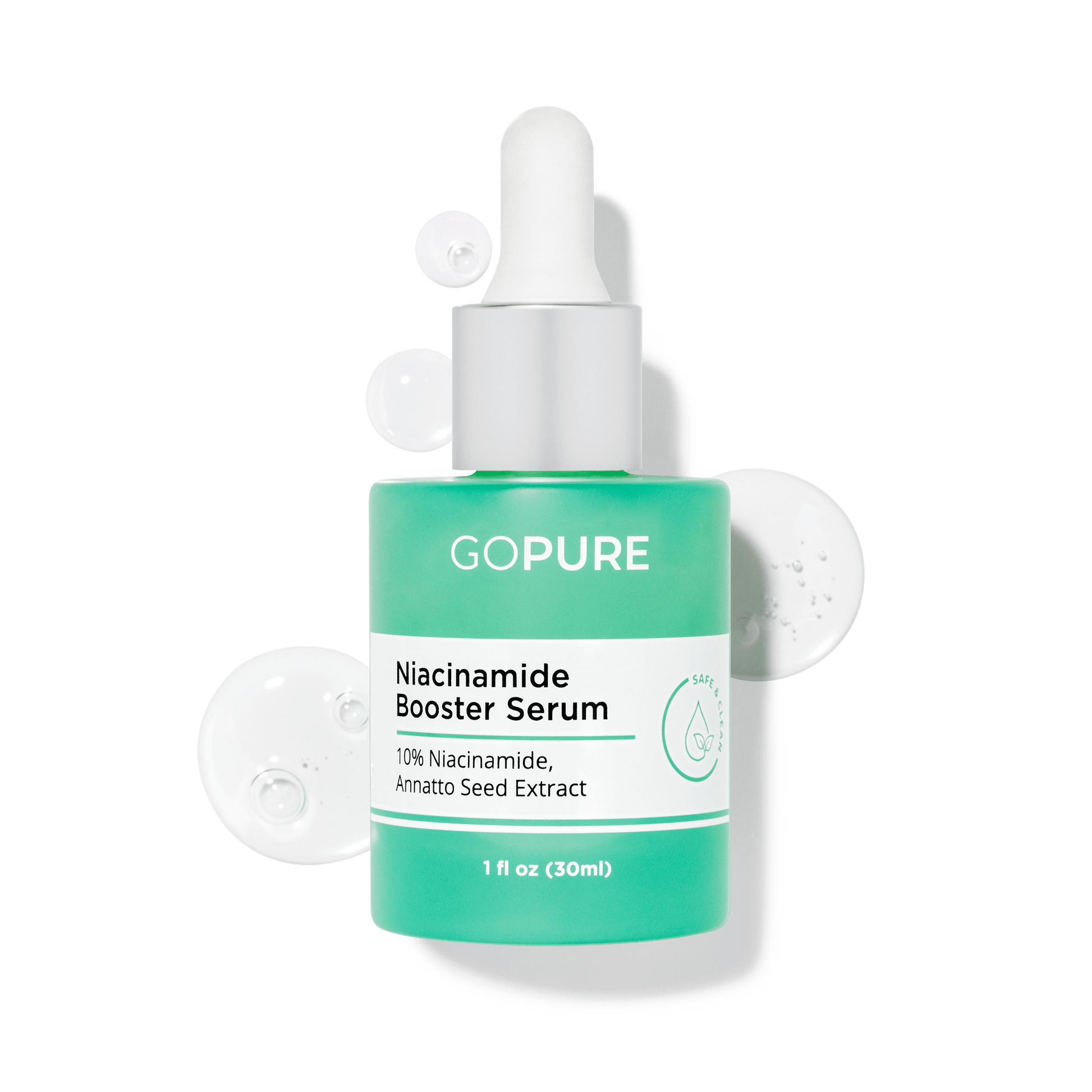 A 1 fl oz green bottle of GoPure's Niacinamide Booster Serum with ingredients like Niacinamide and Annatto Seed Extract.