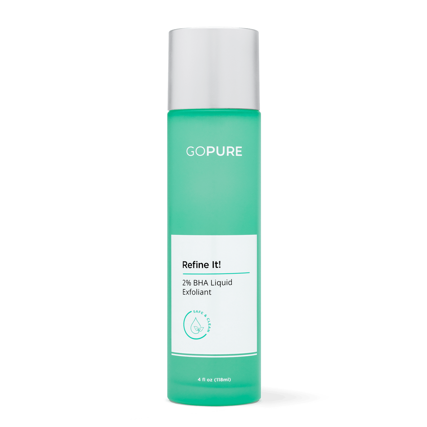 Image of goPure's Refine It BHA Liquid exfoliant in a 4 fl oz green bottle 