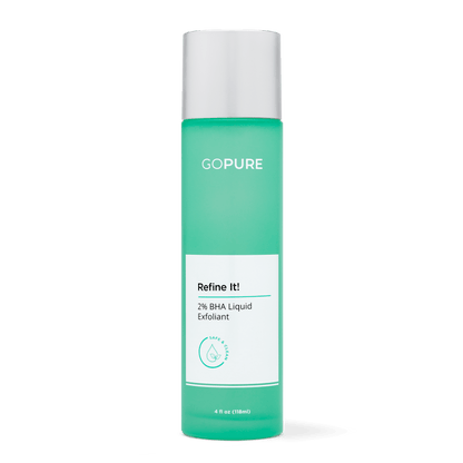 Image of goPure's Refine It BHA Liquid exfoliant in a 4 fl oz green bottle 