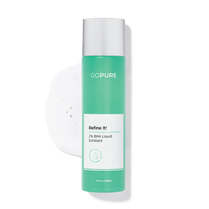 Image of goPure's Refine It BHA Liquid exfoliant in a 4 fl oz green bottle 