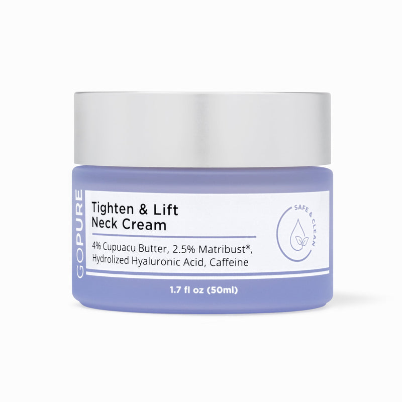 GoPure Tighten & Lift Neck Cream in a 1.7 fl oz jar with a white lid and a purple base.