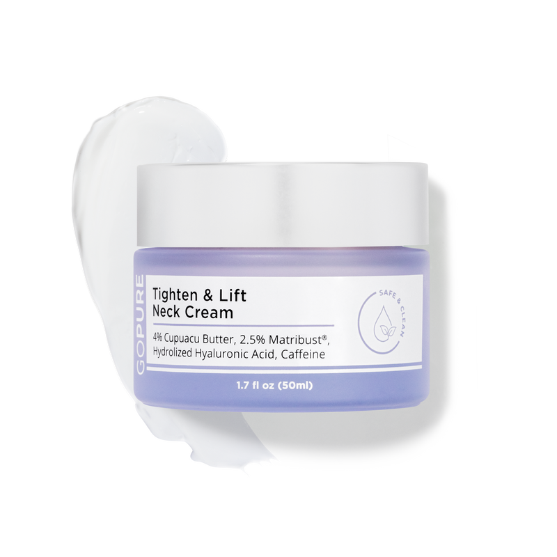 GoPure Tighten & Lift Neck Cream in a 1.7 fl oz jar with a white lid and a purple base.