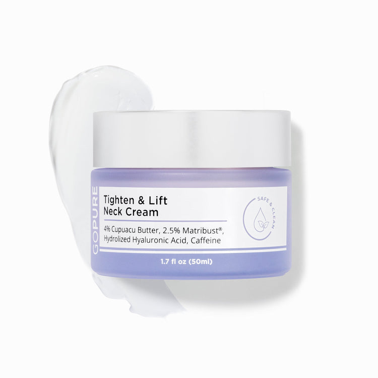 GoPure Tighten & Lift Neck Cream in a 1.7 fl oz jar with a white lid and a purple base.