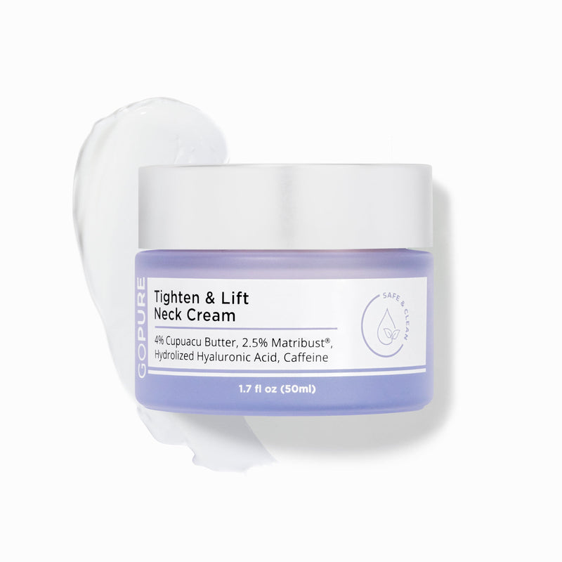 GoPure Tighten & Lift Neck Cream in a 1.7 fl oz jar with a white lid and a purple base.