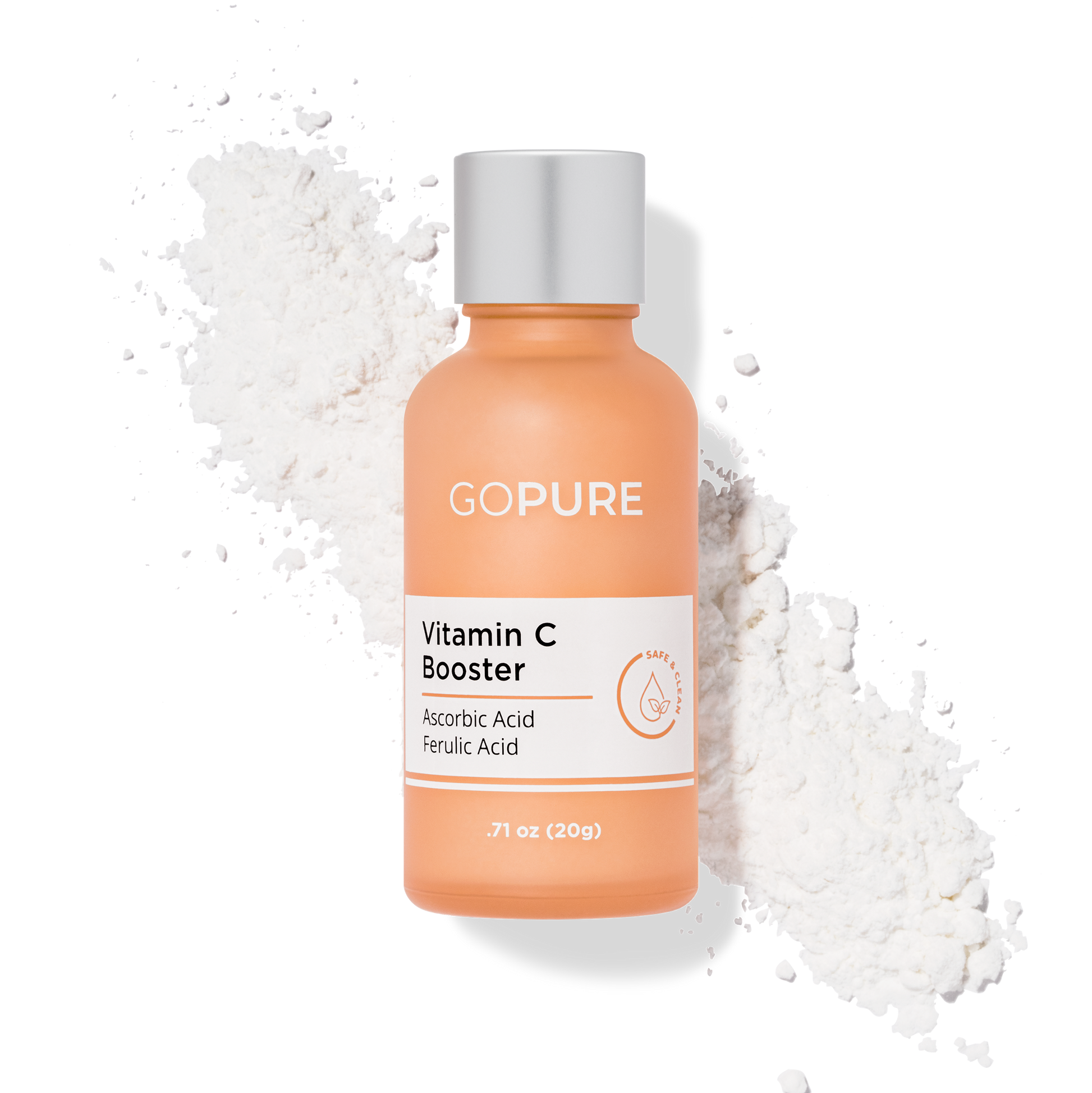 Peach-hued bottle of GoPure Vitamin C Booster next to a white powder scatter, highlighting Ascorbic Acid and Ferulic Acid, .71 oz (20g).