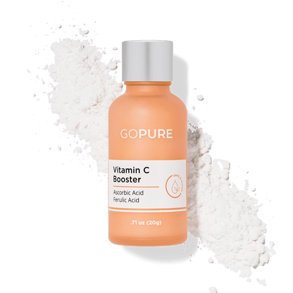 Peach-colored bottle of GoPure's Vitamin C Booster with silver cap, containing ingredients like Ascorbic Acid and Ferulic Acid .71 oz (20g)