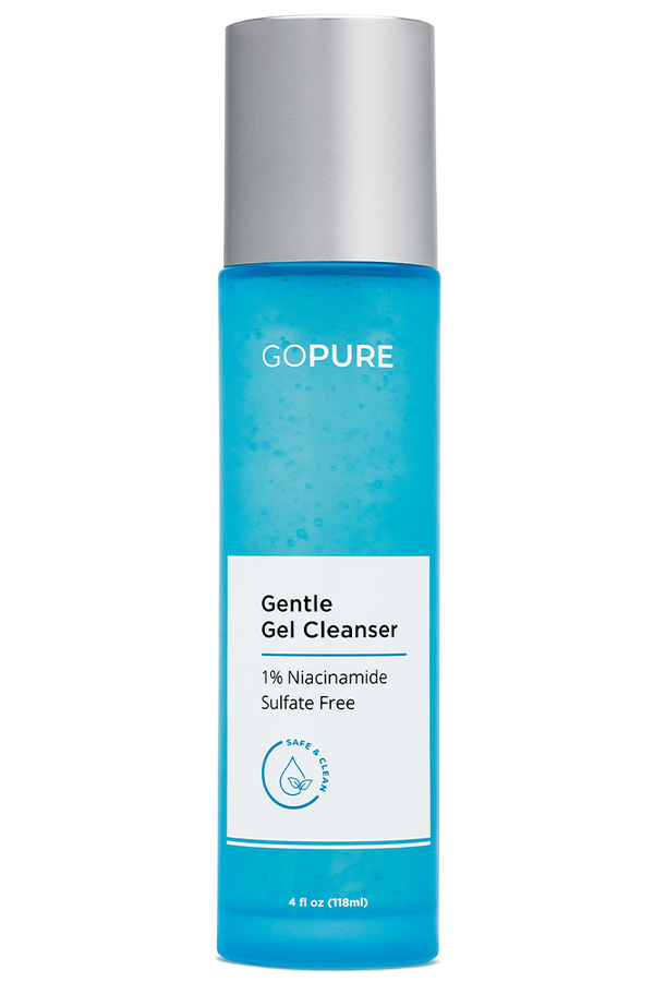Blue bottle of GoPure's Gentle Gel Cleanser labeled as sulfate-free containing 1% Niacinamide. 4 fl oz