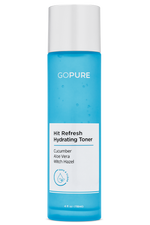 GoPure hydrating toner in a blue bottle labeled Hit Refresh, with ingredients like cucumber, aloe vera, and witch hazel highlighted, 4 fl oz volume shown.